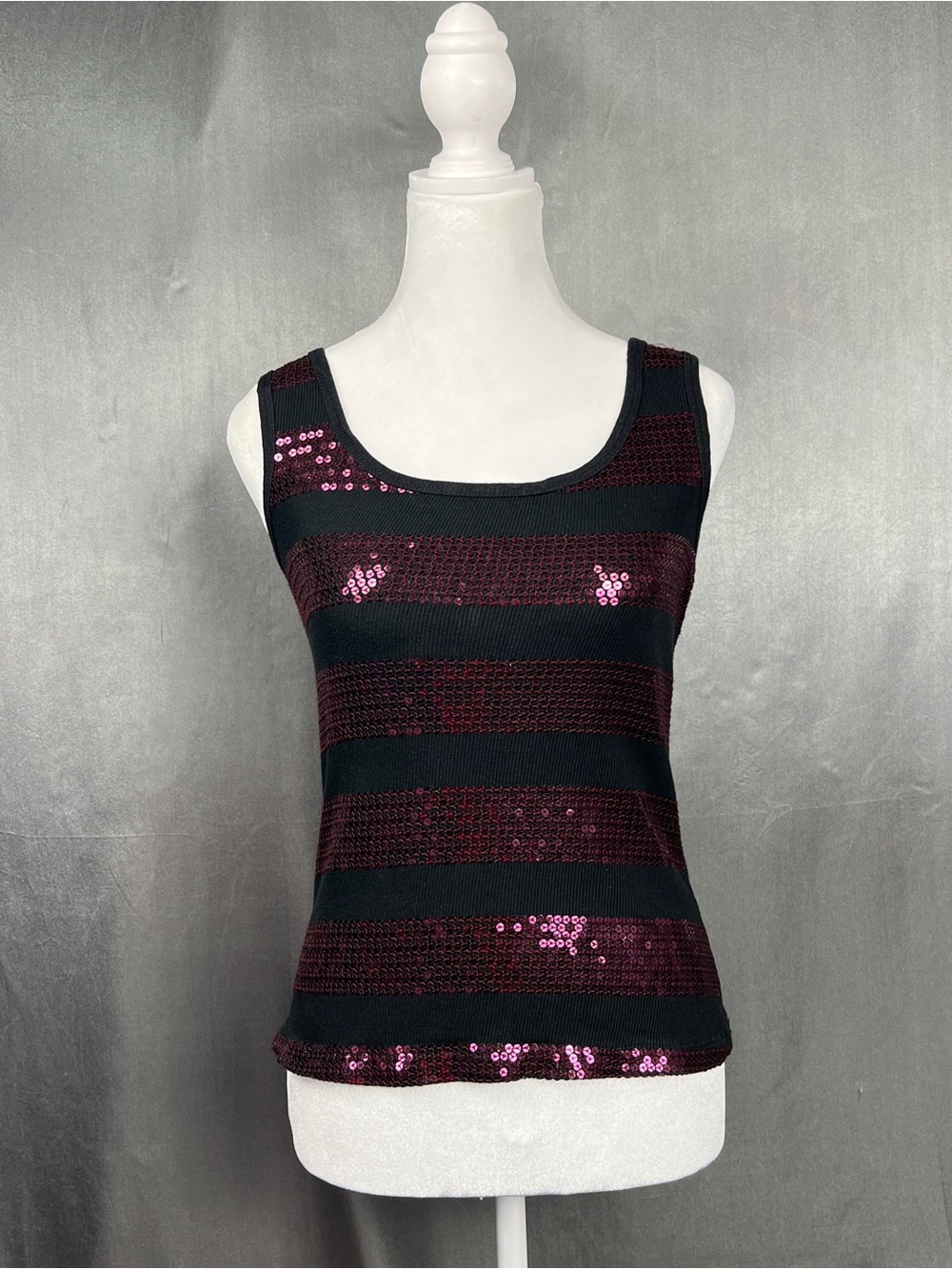 Bisou‎ Bisou Michele Sequin Striped Tank Top Black Burgundy Women XS - Girls XL
